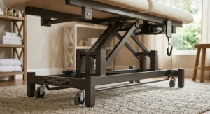 Durable steel frame base construction supporting a high weight capacity affordable electric massage table.