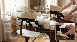 Diagram demonstrating how to adjust the height and tilt angle levers on a massage table face cradle.