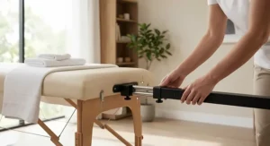 Illustration demonstrating how to insert the face cradle extension arm posts into massage table headrest outlets.