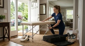 A person easily unfolding a folding lightweight massage table in a few quick steps.