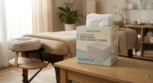 Package of hypoallergenic disposable face cradle covers in a bulk 100-count box for massage therapists.
