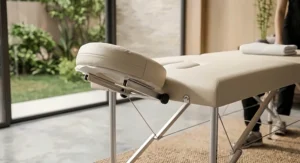 Close-up view of the comfortable memory foam padding and adjustable face cradle on a lightweight massage table.