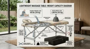 An informative diagram highlighting the high working weight capacity of a sturdy lightweight massage table.