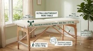Infographic showing the overall weight capacity and dimensions of an ultra-lightweight reiki table.