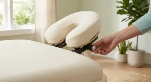 Detailed view of the ergonomic adjustable face cradle and plush padding on a lightweight reiki table.