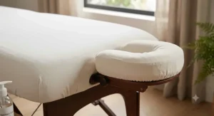 Close-up of a fitted crescent face cradle cover matching a professional massage table sheet