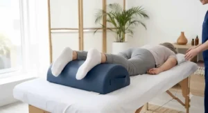 Massage table knee bolster used under ankles to support client legs in prone position.