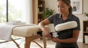 Illustration of a licensed massage therapist adjusting the extension arm face cradle for client comfort.