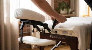 Licensed massage therapist customizing a face cradle for a massage table to ensure client comfort.