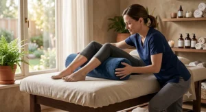 Massage therapist adjusting a round massage table bolster under a client's lower legs.
