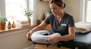 Licensed massage therapist putting a clean white face cradle cover onto a headrest prior to a spa session.