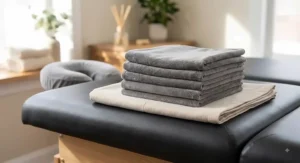 Set of premium microfiber face cradle covers folded nicely on a massage table.