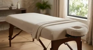 Neutral beige microfiber massage table sheets neatly draped in a modern wellness clinic