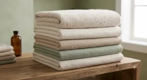 Folded stack of warm flannel massage table sheets in cream, beige, and sage green colors