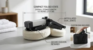 Diagram showing a face cradle extension arm folded compact for mobile massage therapist storage.