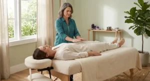 Reiki therapist performing energy healing on a client relaxing on a lightweight reiki table.