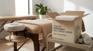 Sanitary disposable face cradle covers used on a chiropractic table headrest to maintain client hygiene.