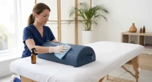 Therapist wiping down a waterproof massage table knee bolster cover between client sessions.
