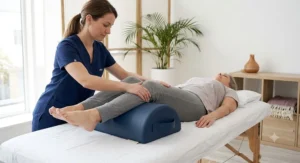 Physical therapist elevating client legs with a massage table knee bolster for lower back pain relief.