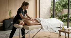 A licensed massage therapist treating a client lying comfortably on a lightweight massage table.