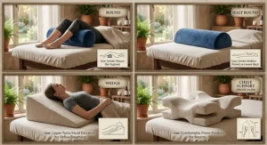 Chart illustrating different types of massage table bolsters including round, half round, wedge, and chest support styles.