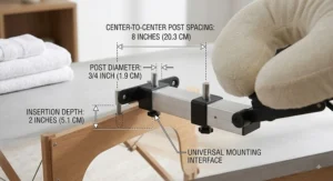 Technical diagram displaying standard mounting post spacing measurements for a universal face cradle extension arm.