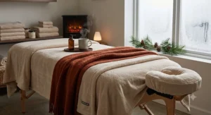 Comfortable winter massage setup using extra warm fleece flannel massage table sheets for client comfort