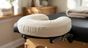 Reusable cotton face cradle cover with elastic trimming installed securely on an ergonomic head pillow.