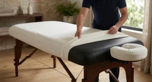 Therapist placing a waterproof massage table sheet over a padded treatment table