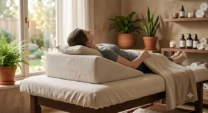 Diagram of a wedge massage table bolster elevating a client's torso on a massage table.