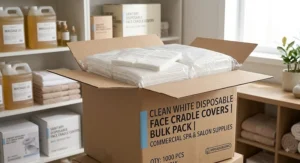 Clean white disposable face cradle covers in bulk packaging for commercial spa and salon supplies.