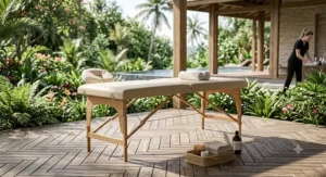 An eco-friendly wooden lightweight massage table unfolded on a sunny outdoor patio.