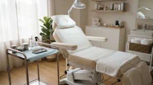 Breathable disposable massage table sheets used during a facial treatment at a skin care salon