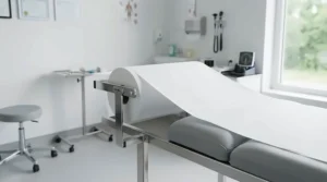 Roll of disposable massage table sheets mounted on a metal dispenser in a physical therapy clinic
