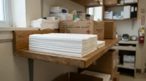 Bulk pack of folded disposable massage table sheets stacked neatly on a wooden wellness clinic shelf.