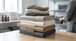 Stack of folded microfiber massage table sheets in various neutral spa colors including cream beige and slate