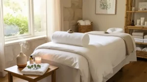 Professional wellness studio setup featuring disposable massage table sheets on a padded treatment bed.
