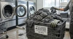 Commercial laundry pile of durable microfiber massage table sheets ready for high heat washing