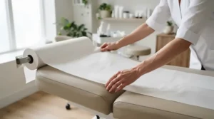 Practitioner unrolling hygienic disposable massage table sheets before a client appointment