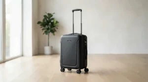 Durable black nylon massage table case with wheels standing upright in a modern studio.