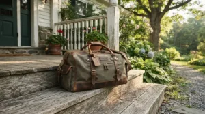 A heavy-duty massage table case with wheels resting on a front porch before an in-home massage session.
