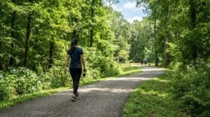 A wellness practitioner navigating a park pathway using a massage table case with wheels.
