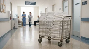 Commercial laundry cart filled with clean white massage table sheets ready for clinic use