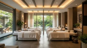 Luxurious hotel wellness center featuring treatment beds set with bulk massage table sheets