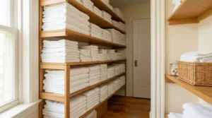 Resort spa linen closet stocked with rows of fresh massage table sheets in bulk