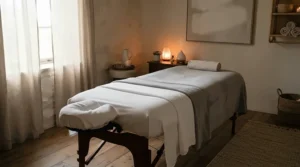 Professional spa treatment room featuring a table prepped with bulk massage table sheets
