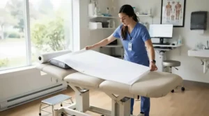 Massage therapist smoothly placing clean bulk massage table sheets onto a professional table