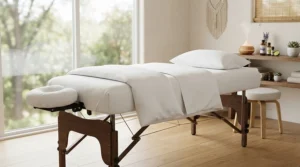 White massage table sheets with face hole fitted securely on a professional spa bed in a bright clinic.