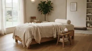 Neutral tone massage table sheets with face hole displayed in a tranquil wellness room
