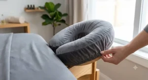 Matching fitted microfiber face cradle cover installed on a massage table crescent headrest